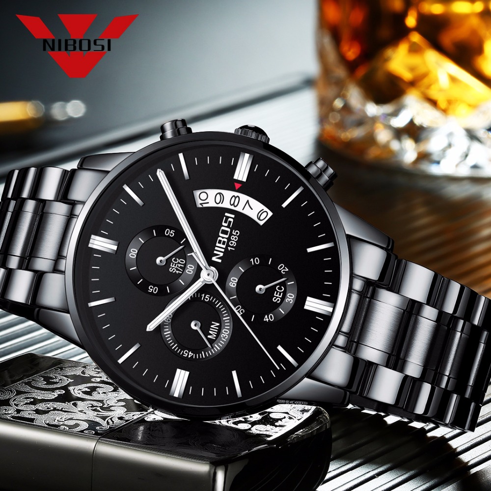 Luxury Watch Name - NIBOSI Edelstahl Schwarz Quarzuhr Herren Uhren