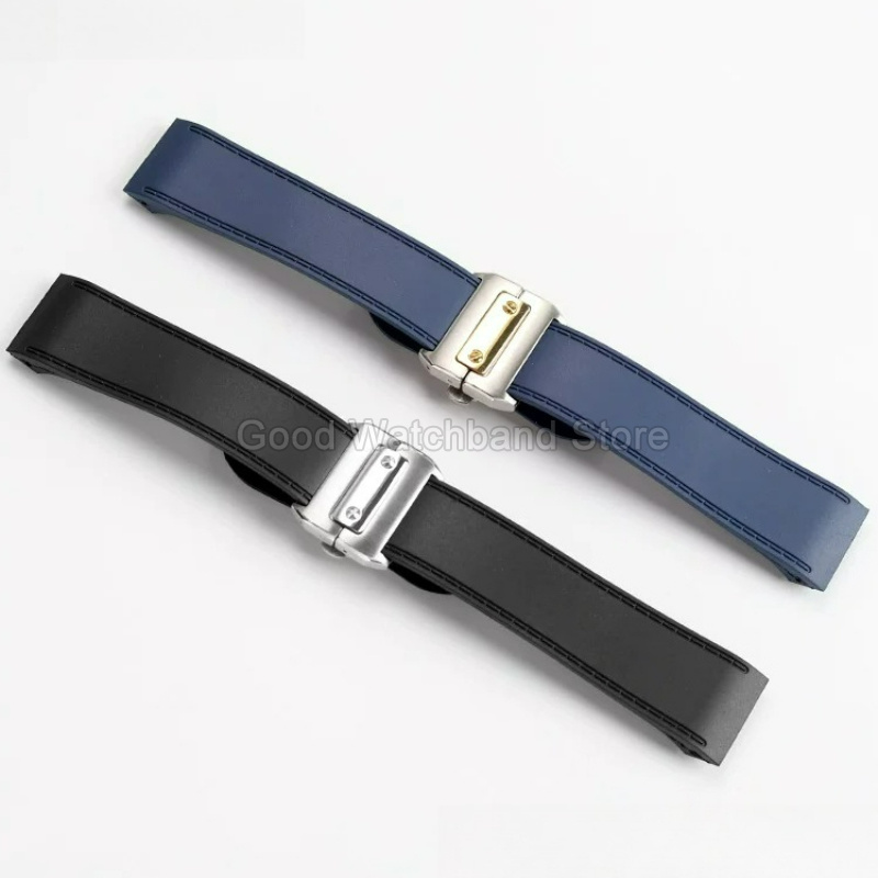 Cartier Watch Santos - Schwarzblaues Hochwertiges Gummi-Uhrenarmband 23 25mm Flache