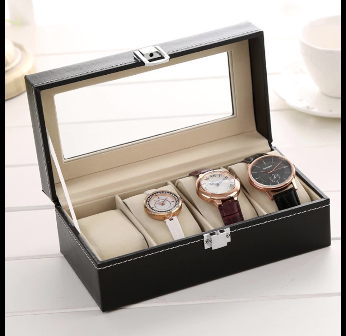 Luxury Watch Travel Case - DELESYS 4-Positionen-PU-Uhrenbox mit Schloss, Aufbewahrungsbox für
